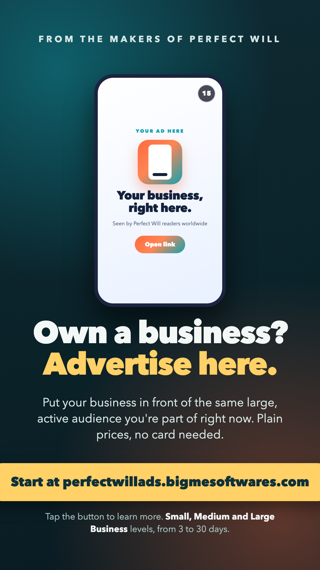A business ad as it appears inside the Perfect Will app